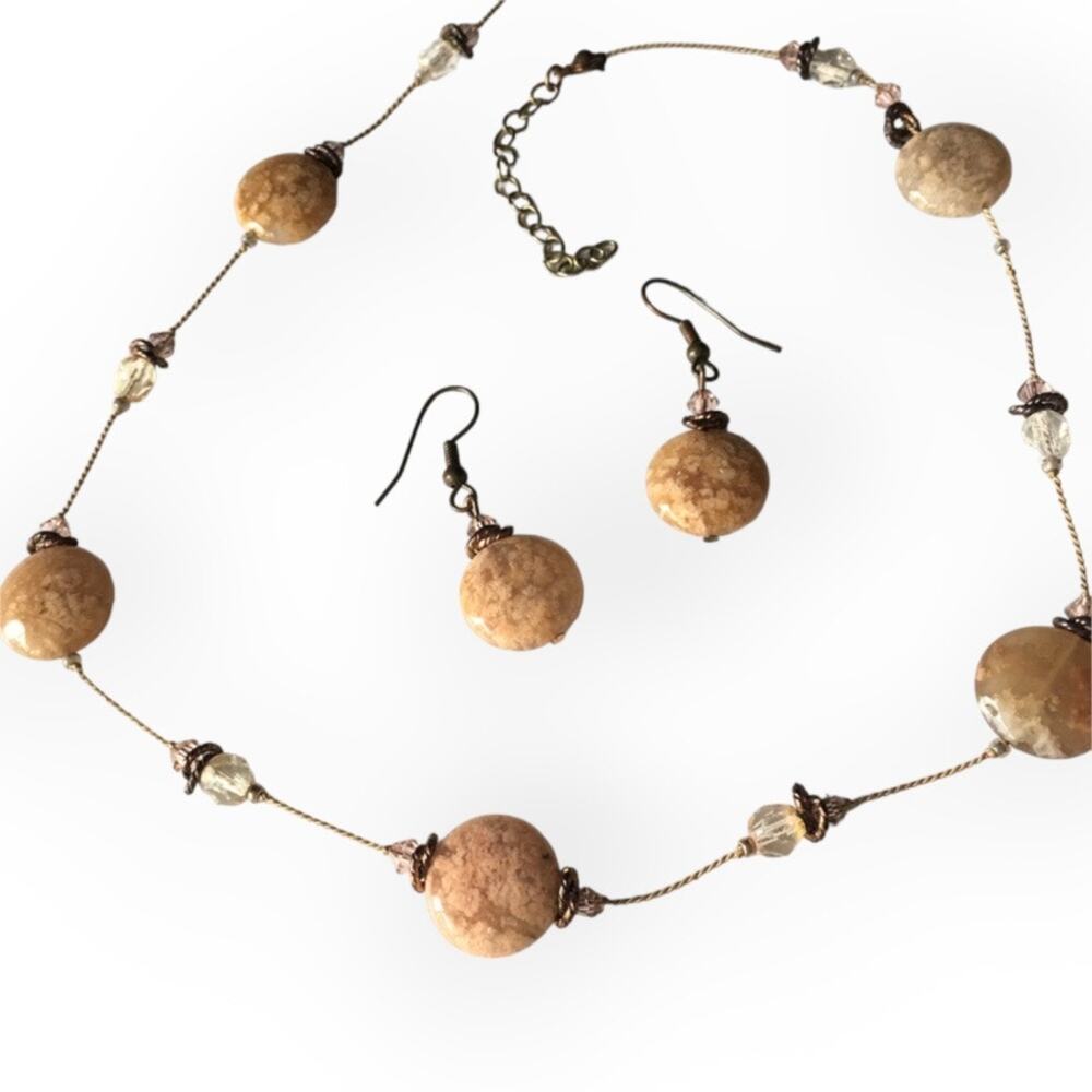Pale pink natural stone station necklace and earring set